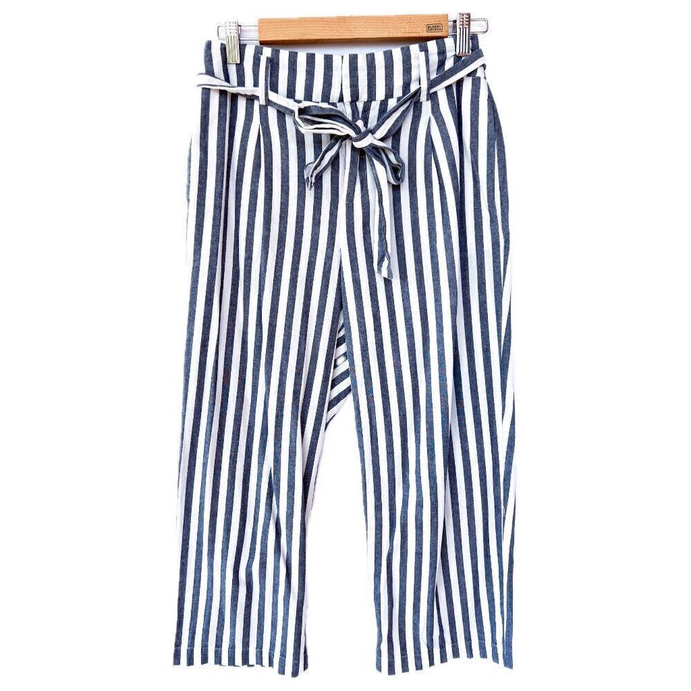 Zara White Blue Gray Striped Paper Bag 100% Cotton Pants Small